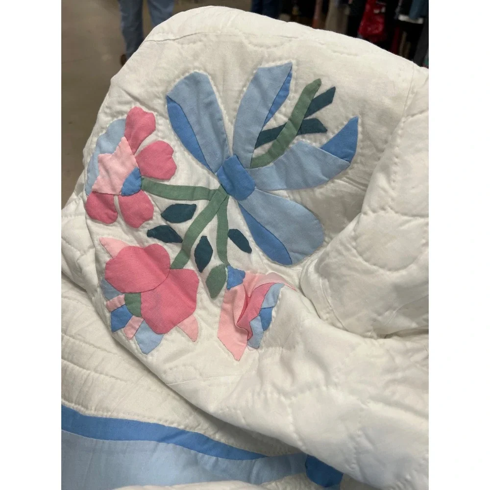 Vintage Cottage Floral Quilt Blue Pink Bow Motif Queen 90x100 Arch
